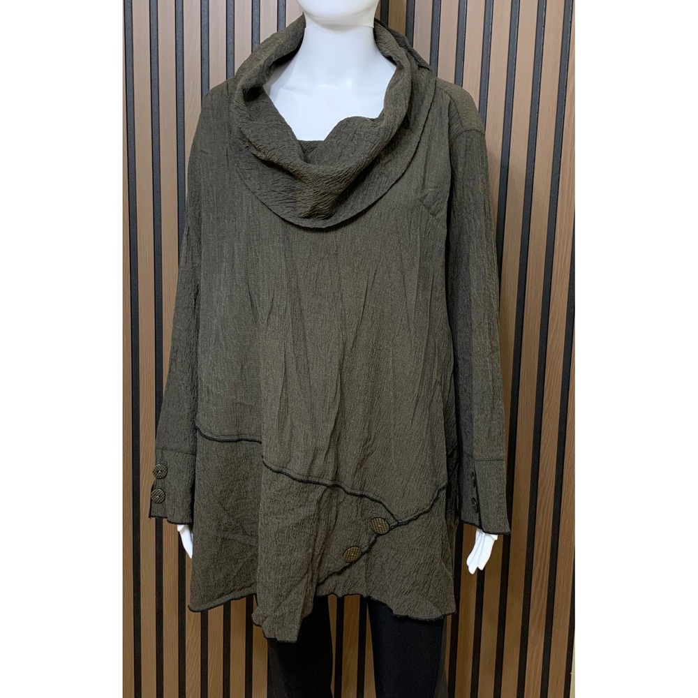 Ali Miles Women's 3X Brown Lagenlook Neck Asymmetric Button Tunic Top